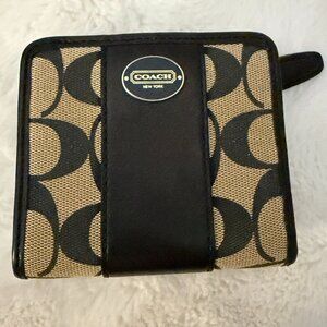 Coach Unisex Small Bifold Tan Signature Canvas/Black Leather Trim Wallet